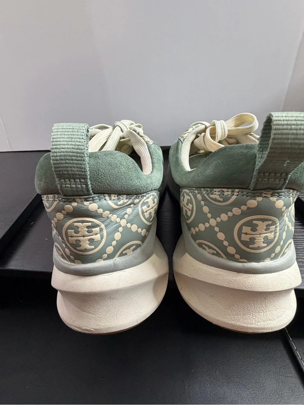 Tory Burch Sage Green Suede Sneakers with Cream Logo Panels